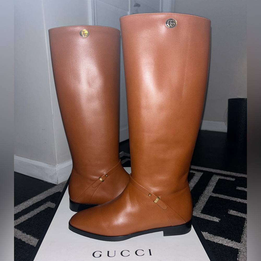 Gucci Calfskin Rosie Tall Riding Boots Papaya Brown